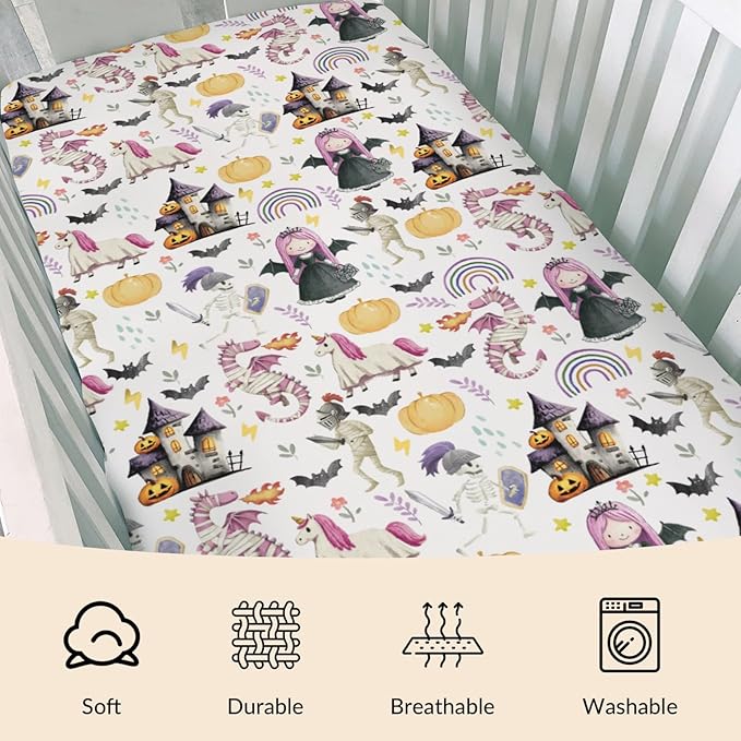 Halloween Fairytale Princess Castle Dragon Baby Crib Sheets Spooky Pumpkin Bats Soft Baby Sheets Gothic Halloween Night Fitted Crib Mattress Cover for Standard Crib Toddler Mattress 52"x28"