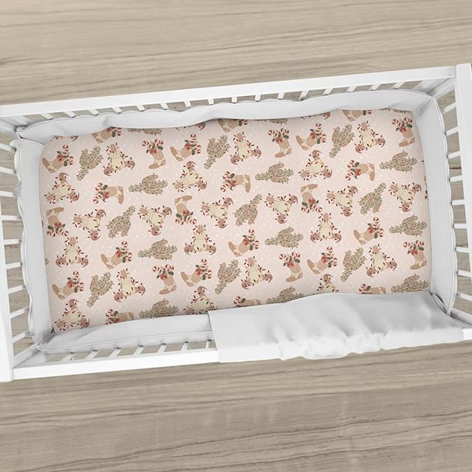 Boho Western Christmas Cowboy Baby Crib Sheets Pastel Western Cowboy Boots Cow Skull Cactus Candy Cane Fitted Crib Mattress Cover Wild West Desert Toddler Baby Sheet for Standard Crib 28x52in