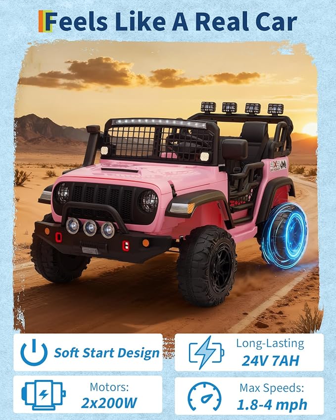 2 Seats 24V Kids Electric Ride on Car with Remote Control, 20" Large Seat with 2 Safety Belts, Two 200W Battery Powered Electric Vehicle for 3+ Years, LED Light,Music,Horn,USB Port, Riding Toy, Pink