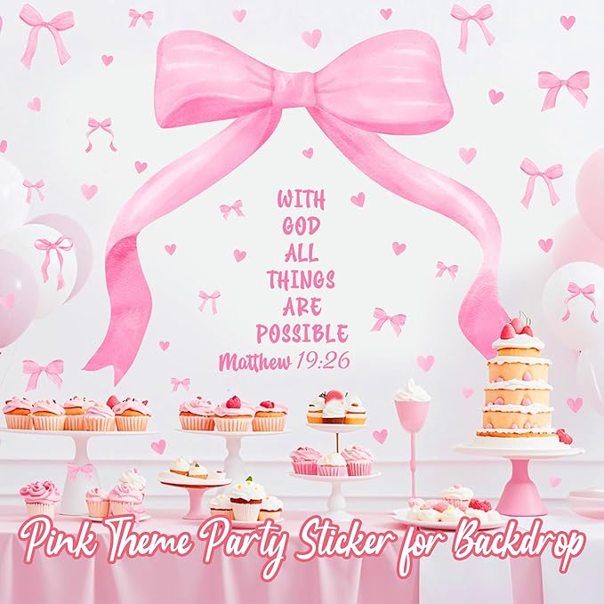 Large Watercolor Girls Room Wall Decals Pink Bow Wall Stickers Peel and Stick Pastel Pink Bow Decor for Baby Room Coquette Sticker Inspirational Quotes Vinyl Decal Art Mural for Nursery Kids Playroom