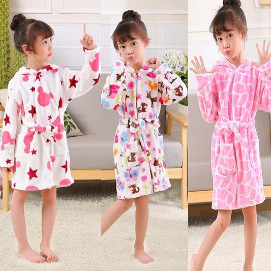 Girls Robes, Plush Soft Coral Fleece Animal Print Hooded Bathrobe for Kids Boys