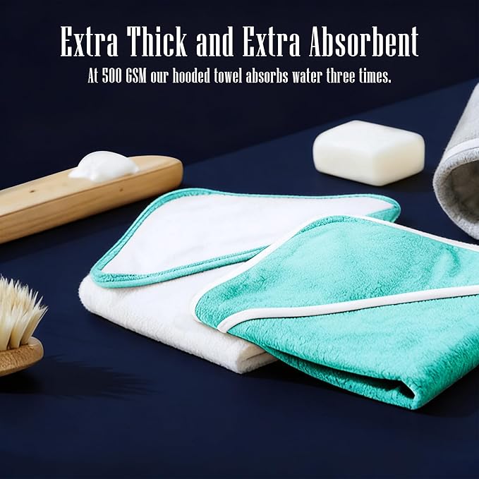 2 Pack Baby Bath Towel - Rayon Made from Bamboo, Ultra Absorbent - Ultra Soft Hooded Towels for Kids - X Large Size for 0-7 Yrs (White and Malachite, 37.5 x 37.5 Inch)