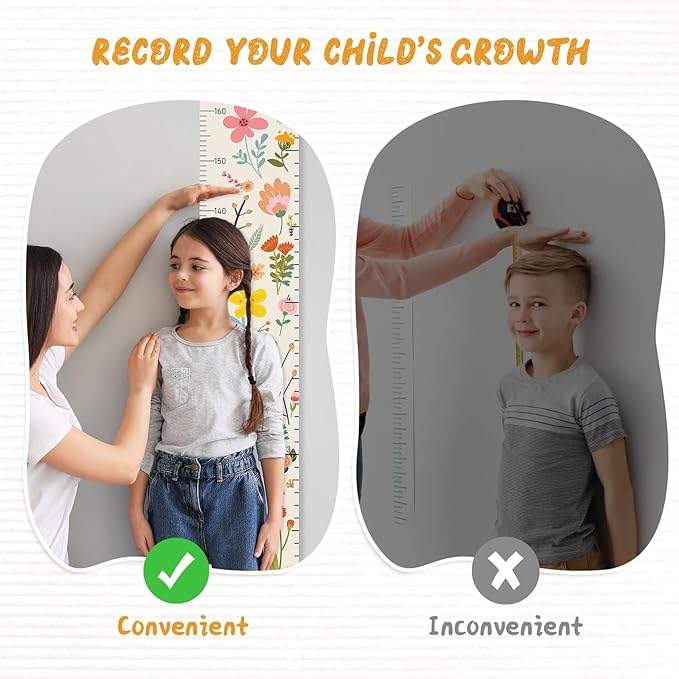 Woodemon Personalized Name Growth Chart for Wall, Painted Plants Canvas Height Chart for Kids Baby Child Toddler, Canvas Growth Chart for Wall Nursery Decor, Hangable & Waterproof