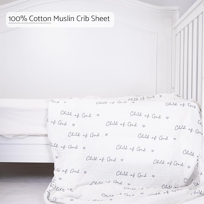 LollyBanks Muslin Crib Sheet 1 Pack, 100% Cotton Baby Crib Sheet for Boys and Girls, Soft and Breathable Neutral Baby Fitted Sheets for Standard 52"x28" Mattress, Registry (Child of God Print)