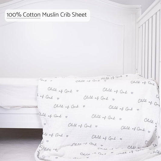 LollyBanks Muslin Crib Sheet 1 Pack, 100% Cotton Baby Crib Sheet for Boys and Girls, Soft and Breathable Neutral Baby Fitted Sheets for Standard 52"x28" Mattress, Registry (Child of God Print)