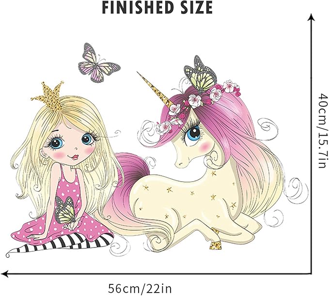 ROFARSO Colorful Cute Lovely Little Princess With Unicorn Butterfly Wall Stickers for Kids Peel and Stick Removable Wall Decals DIY Decorations Decor for Nursery Baby Girl Bedroom Playroom Living Room