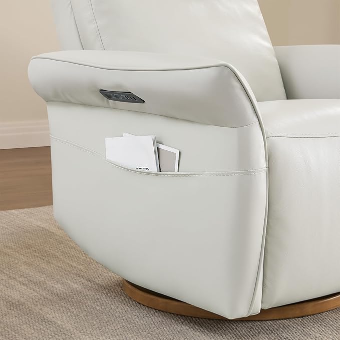 CHITA Genuine Leather Power Recliner Chair, Electric Triple-Motor Swivel Glider Nursery Rocking Chair with Adjustable Power Headrest and Lumbar Support, Solid Wood Base, Creamy Grey