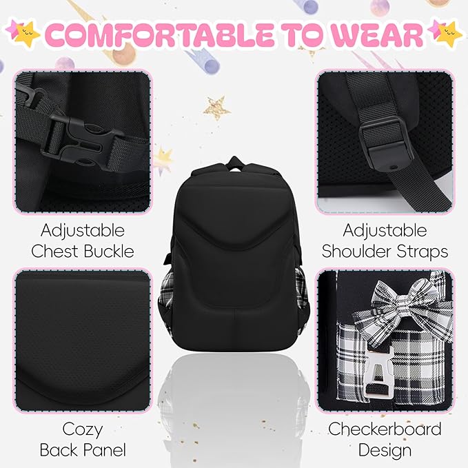 Aulenge Kids Backpack for Girls Cute Teen School Backpack Ages 8-12 with Pencil Case Set Kawaii Stitch Black School Bookbags with Multiple Pockets for Primary & Middle School Students