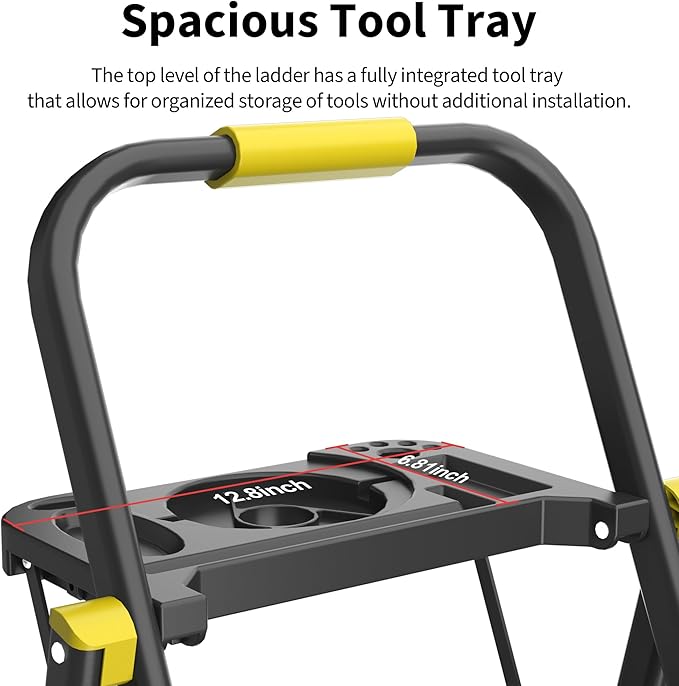 4 Step Foldable Step Ladder with Mutifunctional Tool Tray, Platform Ladders Stepstools, Step Stool 4 Step Folding with Non-Slip Pedals, 800lbs Bearing Capacity for Adults, Home, Kitchen, Black Yellow