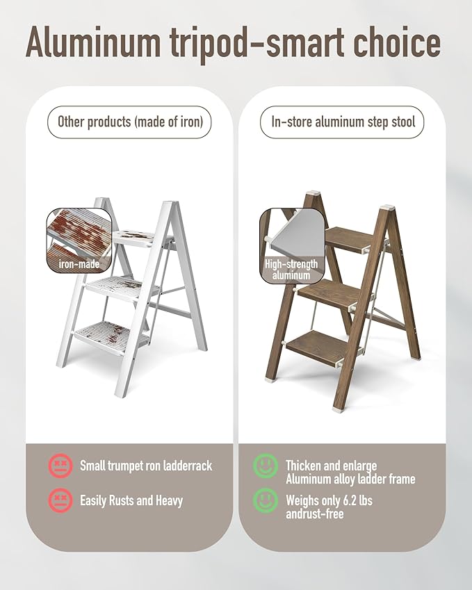 Mayi Plus 3 Step Ladder,Aluminum Folding Step Stool for Adults,Step Ladder with Wide Anti-Slip Pedal,330 lbs Capacity for Home,Kitchen,Library,Office(Cherry Woodgrain)