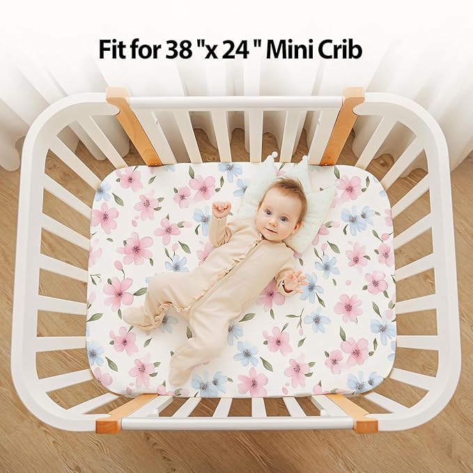 Baby Mini Crib Sheets Girl, Portable 38”x26” Pack and Play Sheets Fitted for Playard and Pack N Play Mattress, 3-Pack Soft Microfiber Pink Butterfly Flower