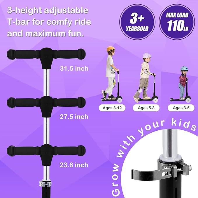 Light-Up Scooter for Kids 3-8,20 Dynamic Light Patterns for Evening Play Safety - Lean-to-Steer Kick Scooter with Adjustable Handlebar (Grows with Child) - Gift for Boys & Girls