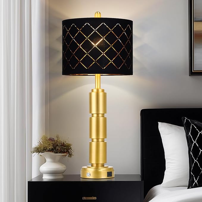 luxeflow Set of 2 Modern Table Lamps for Living Room Bedroom,29" Tall Bedside Lamp with 2 USB Port,Gold Metal Touch Nightstand Lamp with Black Grid Shade for End Table Entryway,Gold