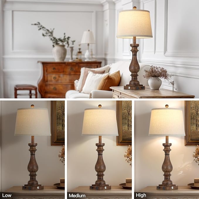 luxeflow 29" Tall Vintage Table Lamps Set of 2,Farmhouse Bedside Lamps with USB C+A Ports & AC Outlet,3-Way Dimmable Touch Lamp for Night Stands Living Room Bedroom,Brown