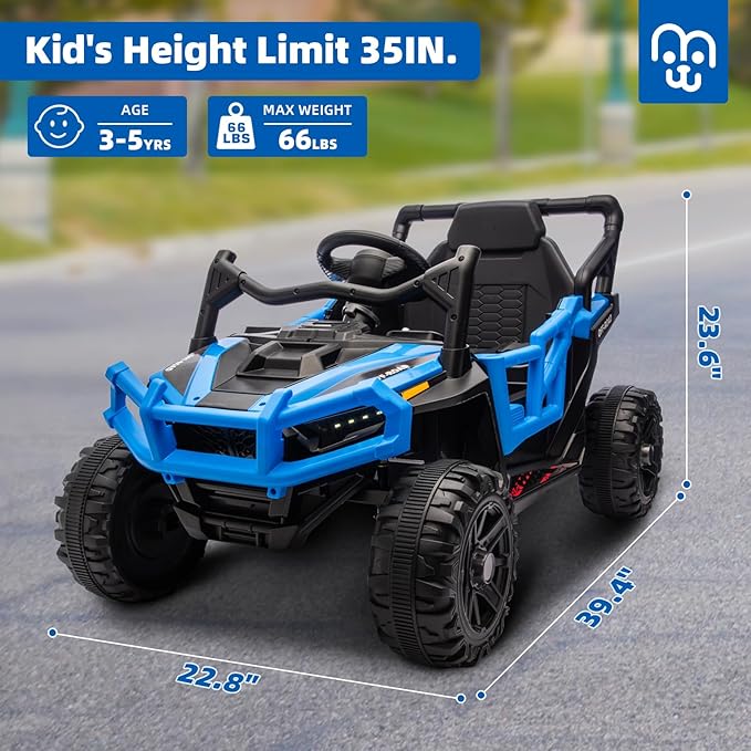 12V Kids Ride on Truck Car with Remote Control, Electric Off-Road UTV for Toddlers, Bluetooth Music, Suspension System Safety Belt, Electric Vehicles Gift for Boys & Girls-Blue