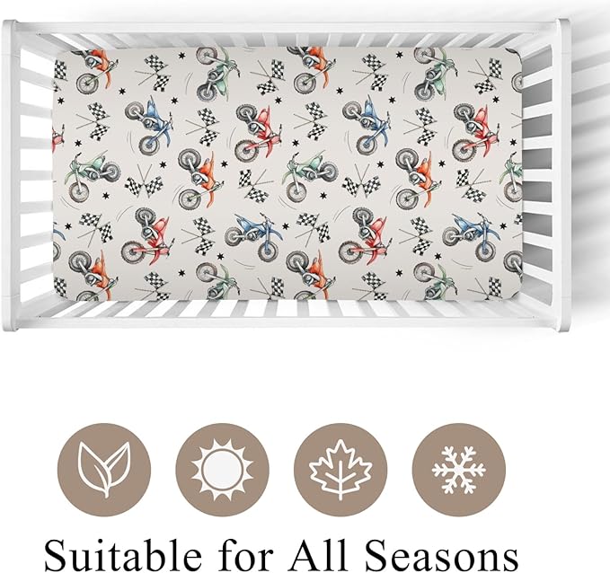 Vintage Motor Dirt Bike Baby Crib Sheet for Boys & Girls 28x52 Inch Cute Race Bikes Plaid Checker Flag Stars Baby Sheet for Standard Crib and Toddler Mattress Toddler Bed Sheet Bike One Size