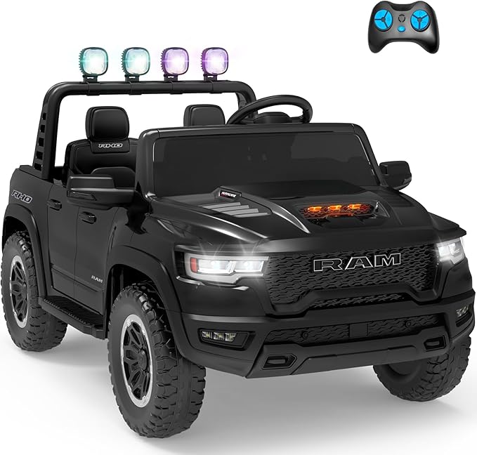 Electric Car for Kids, Licensed Ram 1500 RHO, 24V Ride on Toys for Big Kids, Battery Powered with Parent Remote Control, LED Light/Music/MP3, Back Storage, Black, Roll Bar