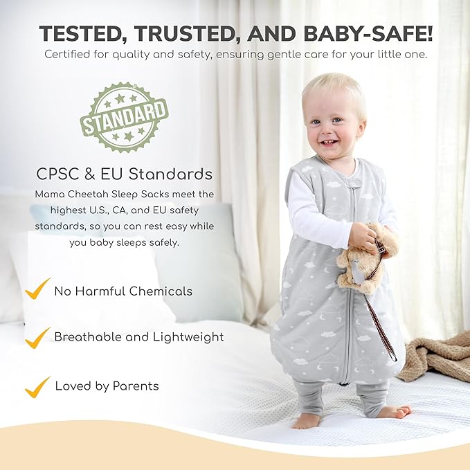 Mama Cheetah Toddler Sleep Sack with Feet, 2.5 TOG Organic Cotton Baby Sleeping Bag with Legs, Winter Baby Wearable Blankets for Early Walker 6-18 Month