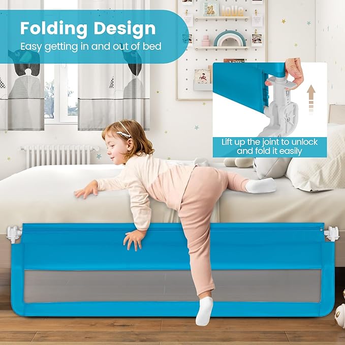 HONEY JOY Bed Rail for Toddlers, 71-in Extra Long, Portable Safety Bed Guardrail w/Double Safety Child Lock, Foldable Baby Bed Rail Guard, Fit King & Queen Full Twin Size Bed Mattress(Blue, Pack 2)