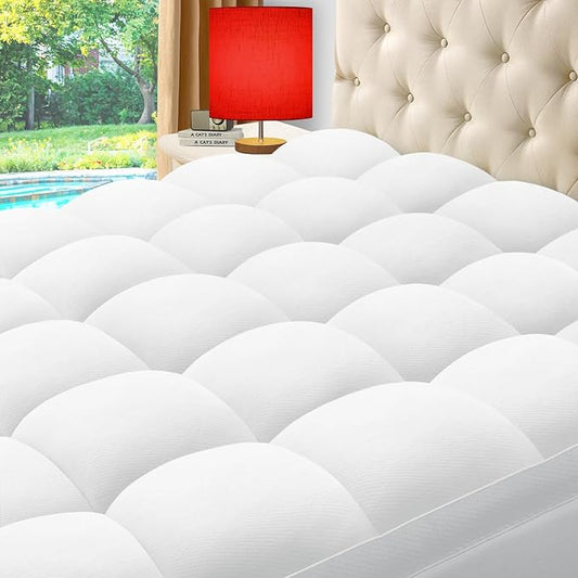 ELEMUSE Queen Cooling Bamboo Viscose Mattress Topper for Back Pain, Extra Thick Mattress Pad Cover, Plush Soft Pillowtop with Elastic Deep Pocket, Overfilled Down Alternative Filling