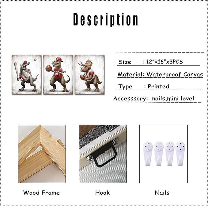 Derkymo Dinosaur Canvas Wall Art Sports Gift Idea for Nursery and Kids Room Modern Gallery Wrapped Wall Art Prints Teen Room Decor Stretched and Framed Ready to Hang 12"x16"x3 Pieces