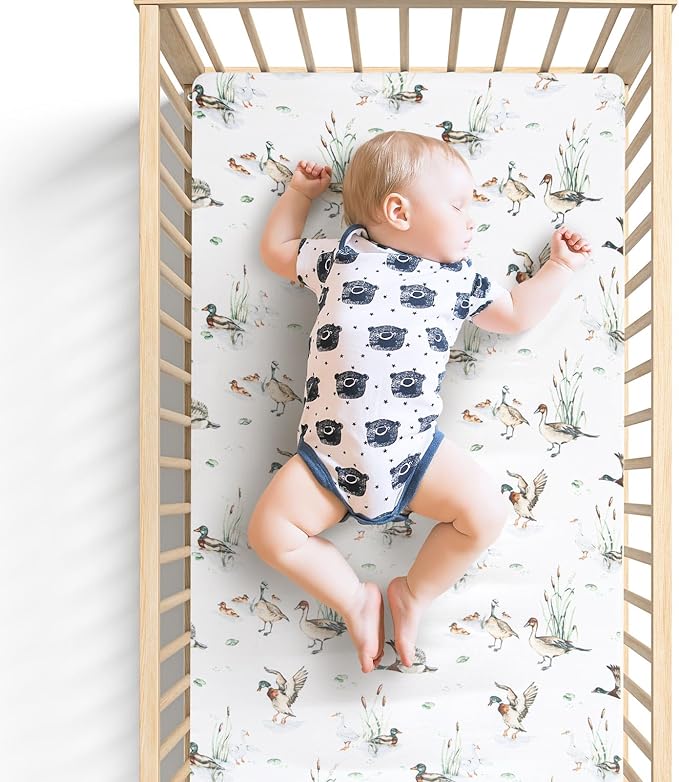 LifeTree Crib Sheets for Baby Unisex - Muslin Fitted Crib Sheets Toddler Bed Sheet, 70% Viscose from Bamboo and 30% Cotton, Fits Standard Crib, Mallard Duck, 28in x 52in