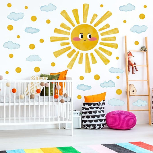 Eutecado Large Sun Wall Decals Watercolor Cloudy Wall Stickers for Kids Room, Smile Sun Polka Dots Clouds Wall Decor Stickers Peel and Stick Art Murals Decorations for Nursery Classroom Bedroom