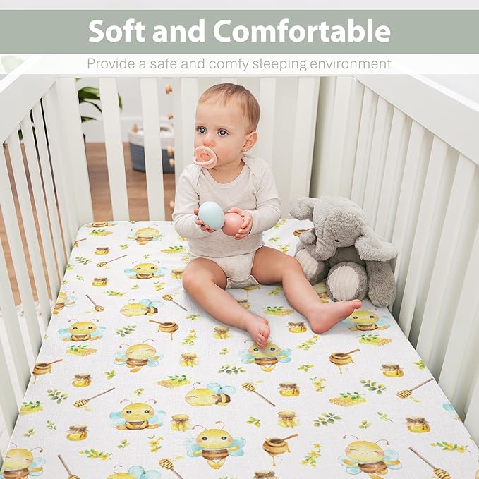 Bee Honey Baby Crib Sheets for Boy Girl 52"x28" Cute Bees Honeycomb Floral Leaves Soft Snug Fitted Crib Mattress Cover Summer Spring Garden Baby Sheet for Standard Crib & Toddler Bed Mattress