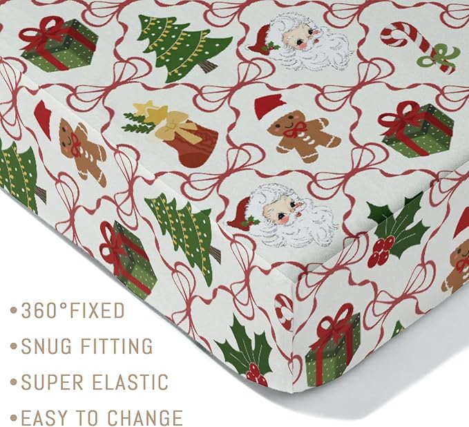 Santa Christmas Bows Baby Crib Sheets for Boy Girl Retro Christmas Trees Stockings Fir Gifts Soft Snug Fitted Crib Mattress Covers for 52x28 Standard Crib & Toddler Mattress Winter Baby Sheets