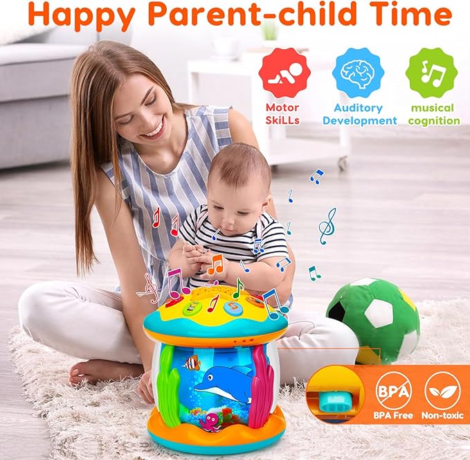Tsomtto Baby Musical Light Up Tummy Time Toy Ocean Rotating Projector Infant 18 Month Baby Aquarium Learning Crawling Birthday Newborn for 1 2 3 Year Old Boy Girl
