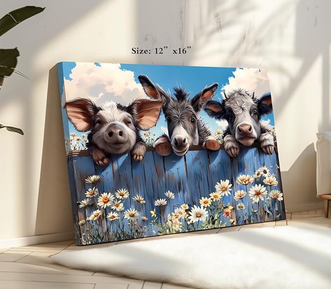 Farm Animals Canvas Wall Art Farmhouse Cow Donkey Pig Pictures Canvas Bathroom Decor Prints Painting,Rustic Animals Framed Artwork for Bedroom Living Room Kitchen Bathroom Decor12 x16