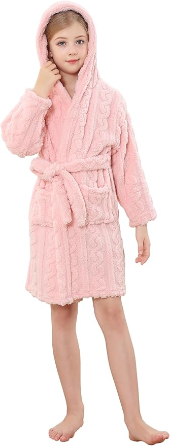 Umeyda Girls & Womens Twist Fleece Robes, Hooded Soft Warm Bath Robe for Kids Womens Fuzzy Bathrobe for Gifts