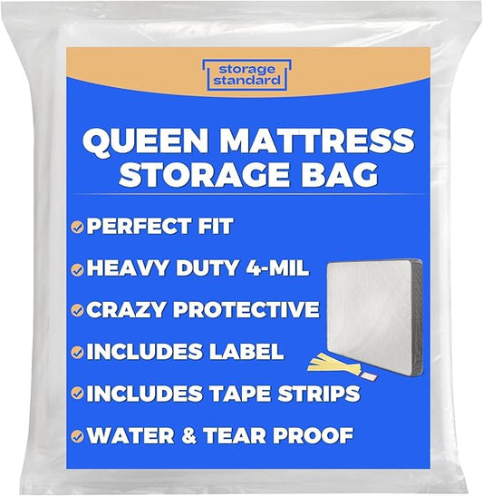 Queen Mattress Bags for Moving & Storage - Heavy Duty Thick 4mil Reusable Bag Mattresses Covering, Waterproof Plastic Perfect Bed Fit - Clear, 100 × 64 x 15 Inches