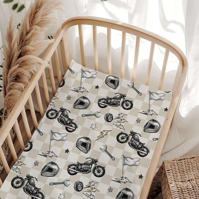 Cute Motorcycle Flag Plaid Baby Crib Sheet for Boys & Girls 28"x52" Motor Bikes Stars Fitted Crib Mattress Cover for Standard Crib and Toddler Mattress Race Vehicles Bed Sheets Plaid One Size