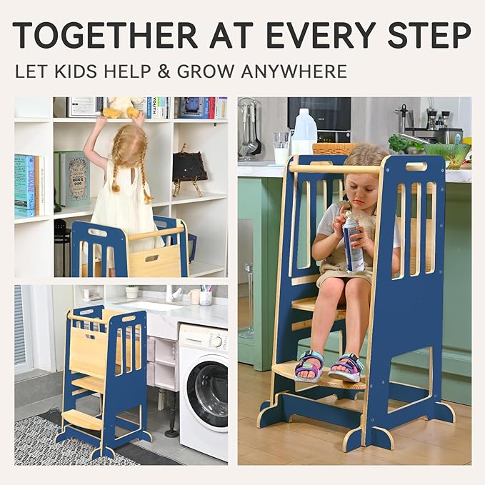 WINGYZ Toddler Tower – Adjustable Step Stool Helper for Kids 18M–6Y, Kitchen Learning Stool with Safety Rail, 3-Height Adjustable, Sliding Door, Full Support Foot, Wooden Updated Design, Dark Blue