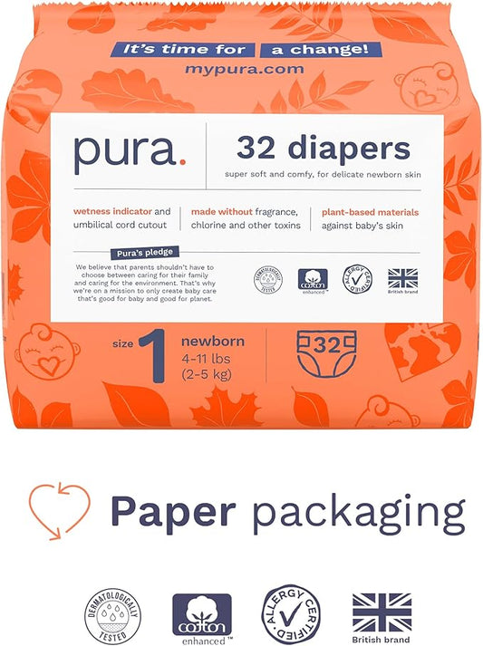 Pura Hypoallergenic Diapers, Size 1 (4-11 lbs), Monthly Pack, Totally Chlorine Free, Wetness Indicator, Suitable for Sensitive Skin, Soft Cotton Comfort, Overnight, 6 Packs of 32 (192 Baby Diapers)