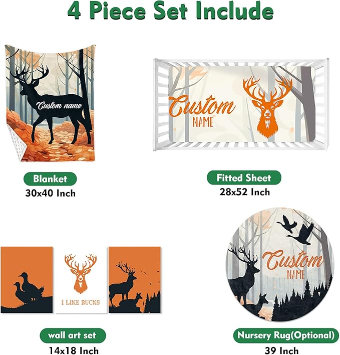 Personalized Baby Crib Bedding Set: 4 Piece Custom Orange Sika Deer Crib Bed Set with Name, Nursery Bedding Set for Baby Girls, Newborn Boys Crib Sets, Crib Bedding Custom Gift, Crib Sheet