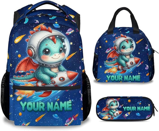 Backpack for Kids - Personalized Dragon Backpacks with Lunch Box - Custom Toddler Bookbag for Girls Boys - Planet School Bag Set for Kindergarten/Preschool/Elementary(17 Inch)