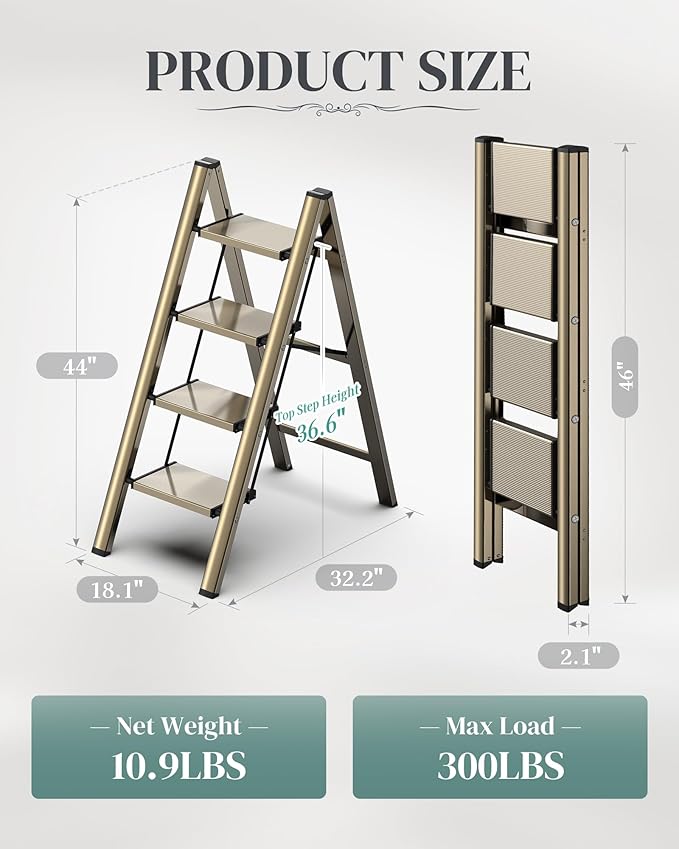 GameGem 4 Step Ladder, Folding Step Stool with Wider Pedal, Anti-Slip Feet & Non Slip Stripes, Aluminum Sturdy Material, 300Lbs Capacity, Elegant Look of Champagne Gold Better Matches Your Home