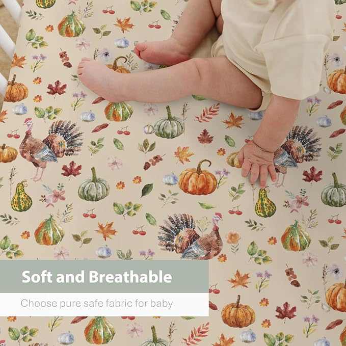Thanksgiving Turkey Pumpkins Baby Crib Sheets for Boy Girl 52"x28" Vintage Autumn Leaves Soft Stretchy Fitted Crib Mattress Covers Fall Harvest Baby Sheet for Standard Crib and Toddler Bed Mattress
