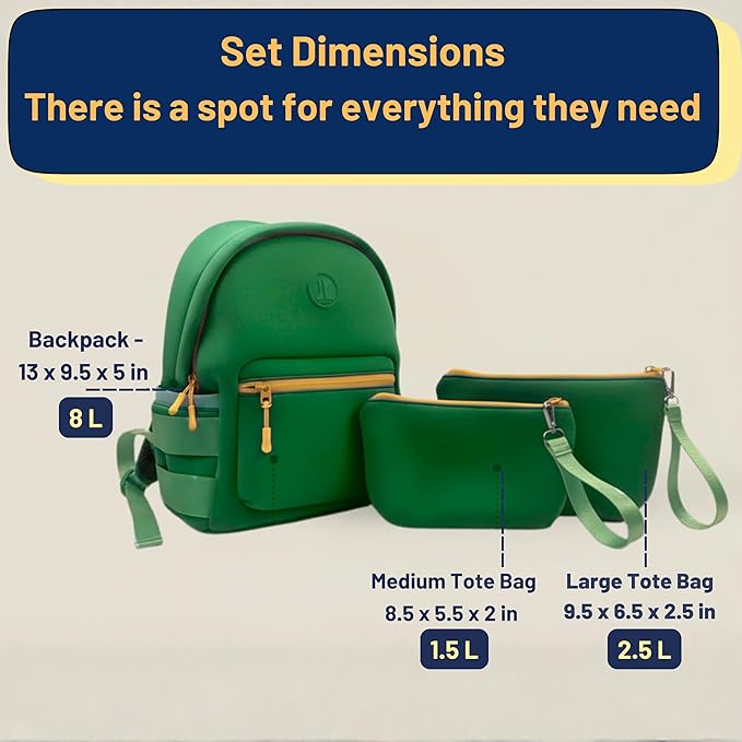 Kaywee 3pc Neoprene Kids Backpack SET with 2 zipper pouch & kids airtag holder | Elementary School backpack |Green Kids Superhero Backpack Boys and Girls Ages 3-8 Toddler airplane travel essentials