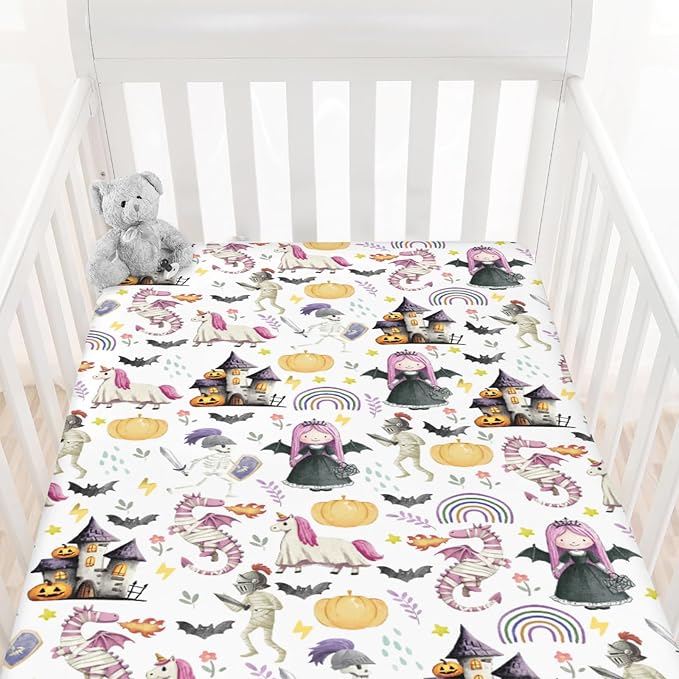 Halloween Fairytale Princess Castle Dragon Baby Crib Sheets Spooky Pumpkin Bats Soft Baby Sheets Gothic Halloween Night Fitted Crib Mattress Cover for Standard Crib Toddler Mattress 52"x28"