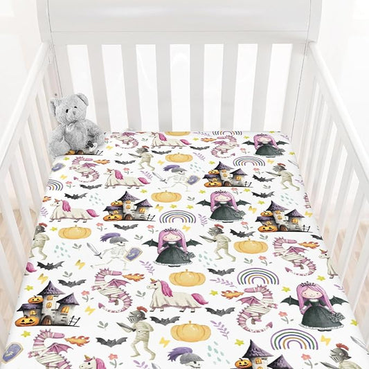 Halloween Fairytale Princess Castle Dragon Baby Crib Sheets Spooky Pumpkin Bats Soft Baby Sheets Gothic Halloween Night Fitted Crib Mattress Cover for Standard Crib Toddler Mattress 52"x28"