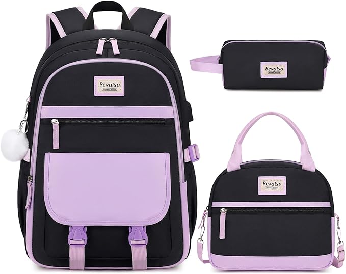 Bevalsa Backpack for Girls, School Backpacks for Girls, Kids Backpack with Lunch Box & Pencil Pouch for Teens Girl Kids Elementary Middle High School College Student Bookbag Daypack (Purple Black)