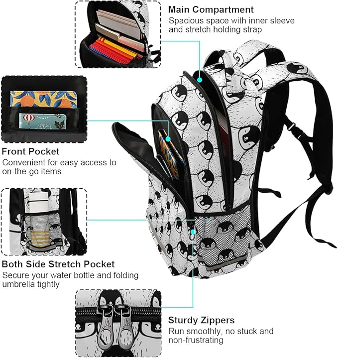 MNSRUU School Backpack with Chest Strap, Cute Penguin Print Laptop Backpack, Travel Hiking Backpack for Boys Girls, Rucksack, Knapsack