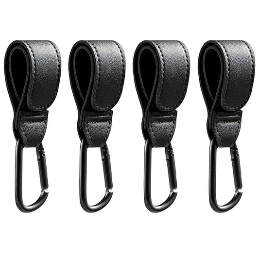 4 Pcs Leather Stroller Hook, Mommy Stroller Clip, Stroller Accessories Organizer Hook, Metal Hook for Strollers/Walkers/Mobility Scooter/Wheelchair/Rollator(Black)