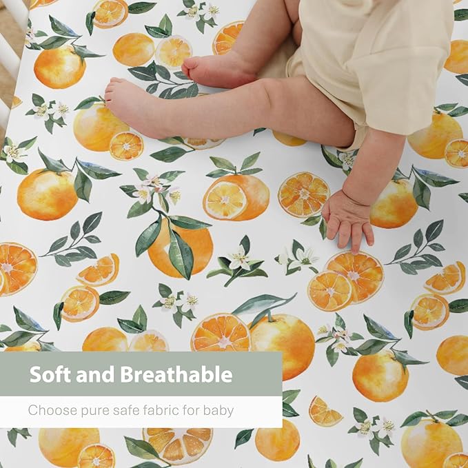 Watercolor Oranges Baby Crib Sheets for Boy Girl 52x28Inch Orange Flowers Leaves Soft Snug Fitted Crib Mattress Cover Summer Citrus Fruits Baby Sheet for Standard Crib & Toddler Bed Mattresses
