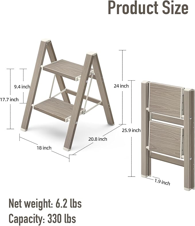 Mayi Plus 2 Step Ladder,Aluminum Folding Step Stool for Adults,Step Ladder with Wide Anti-Slip Pedal,330 lbs Capacity for Home,Kitchen,Library,Office,(Fir Woodgrain