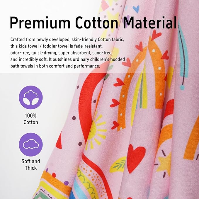Thickened Hooded Towels for Kids Suitable Girls Boys Kids Bath Towels, 35"x60" Super Absorbent, Rainbow Cute Cartoon Toddler Towels Multi-Purpose for Beach, Pool and Bathroom