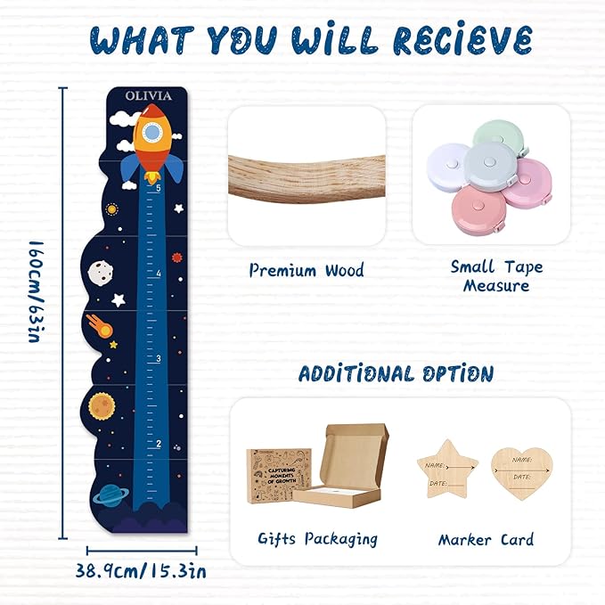 Woodemon Personalized Name Rocket Wood Growth Chart for Kids – Wall Height Measurement Ruler, Toddler Playroom Decor 63" x 15.3"